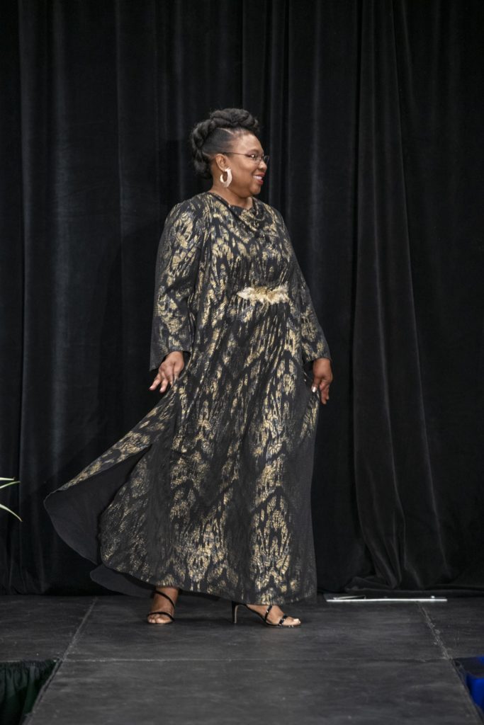 Brooks LTD custom made bespoke gown in gold lame at the Mayor's Diversity and Inclusion Awards