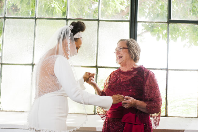 Megan and her mother Jina, both wearing custom Brooks LTD dresses. Note Megan's headpiece, which I created using the strap from her twin sister's wedding gown.