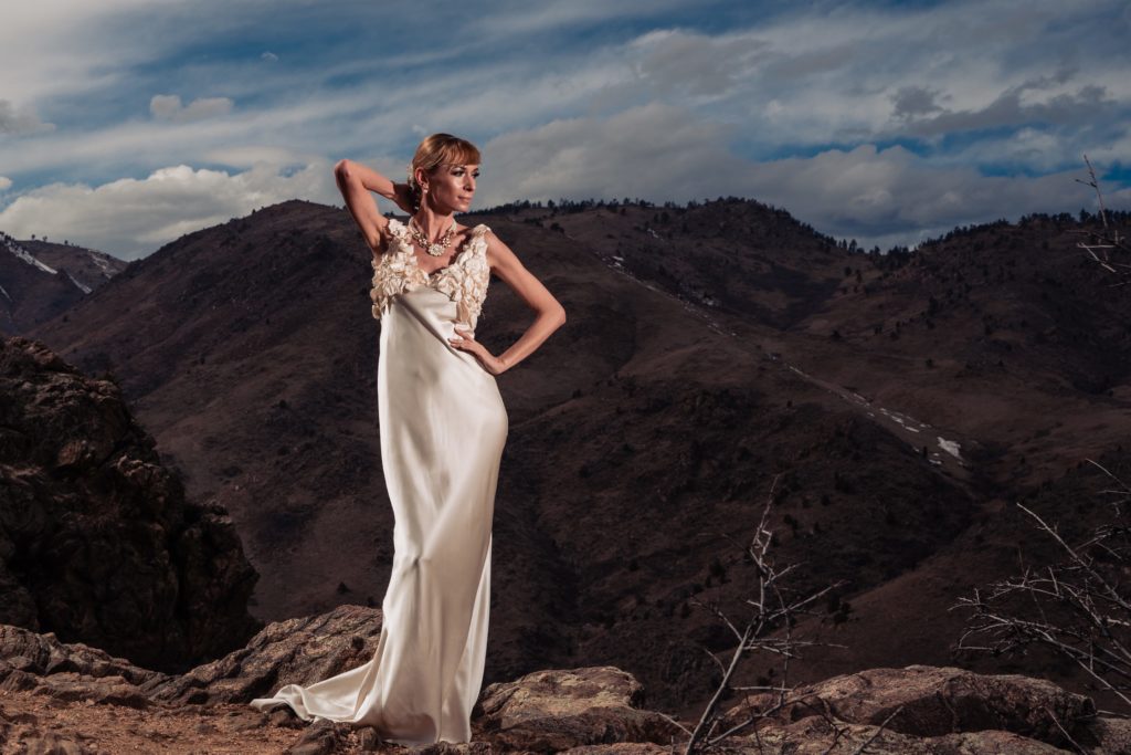 Dorotka modeling the bias cut wedding dress by Brooks LTD at the Dove Inn in Golden, Colorado