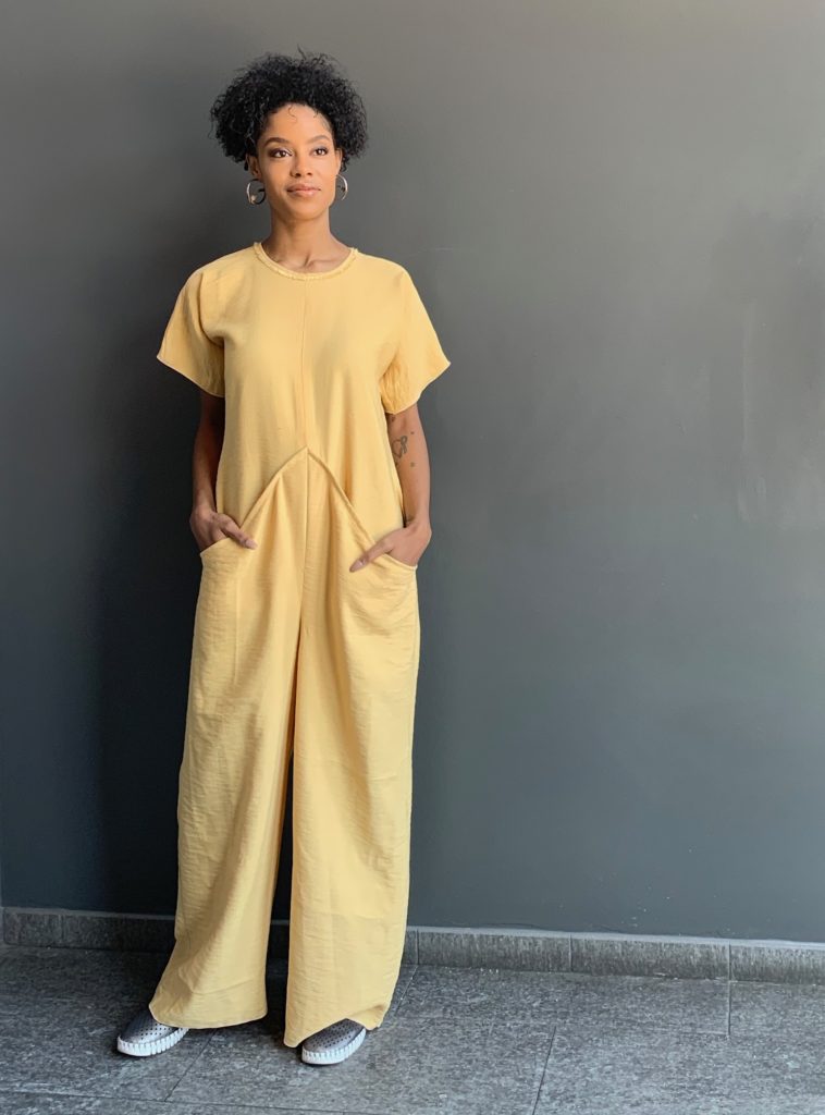 Alicia models the Brooks LTD Maize Jumpsuit