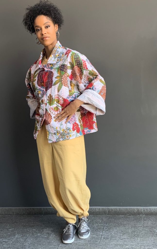 Maize Jumpsuit with Kantha Jacket on model Alicia