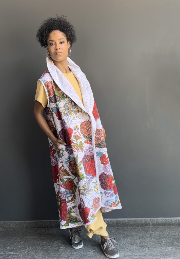 Another variation on the Kantha fabric - a long vest, layered over jumpsuit
