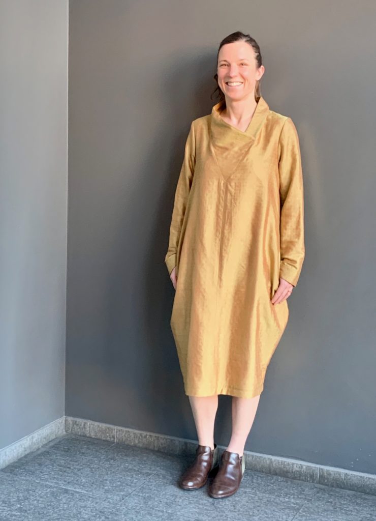 A happy client in her custom Brooks LTD dress, made using her own Indian sari fabric